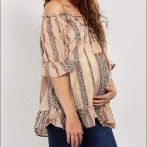 PinkBlush Beige Multi-print Off Shoulder Top